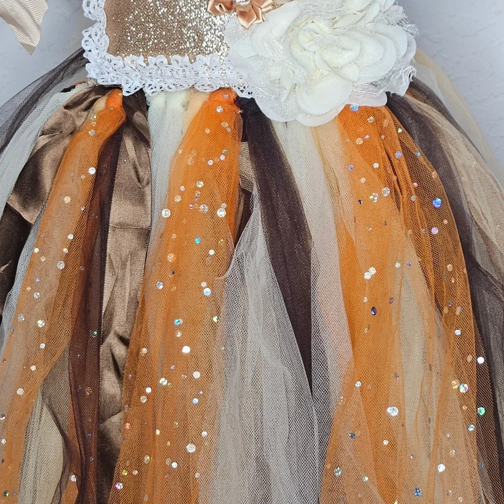 Mia Belle Girls Gold Orange Tulle Tutu Pageant Dress Size 5T Glitter Floral Bows